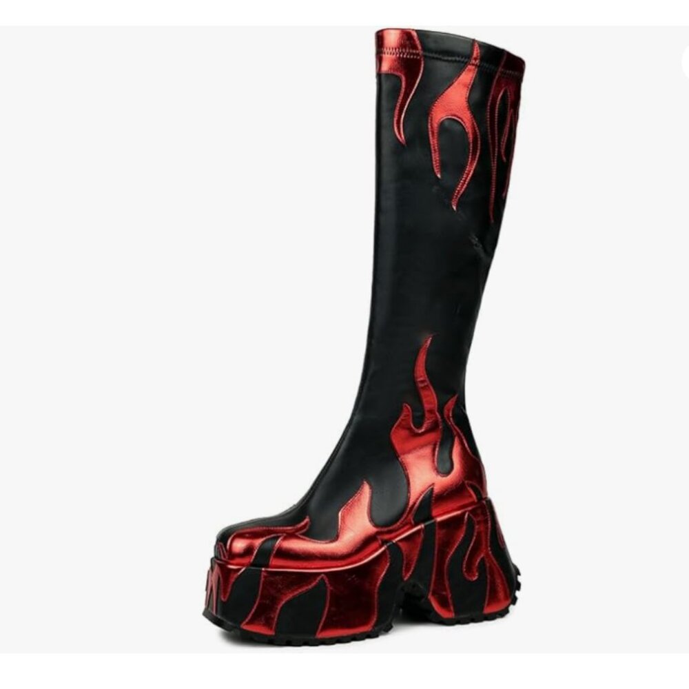 Women’s side zipper high fire red heeled boots - Picture 5 of 6